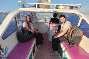 Early Morning Escape: Tom & Éloïse’s Smooth Private Speedboat Ride from Gili Air to Lombok Airport with Four Backpacks and Zero Stress