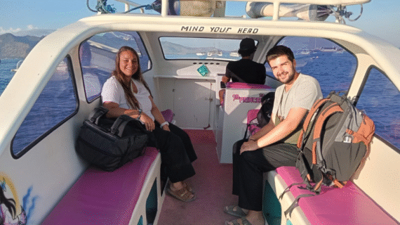 Early Morning Escape: Tom & Éloïse’s Smooth Private Speedboat Ride from Gili Air to Lombok Airport with Four Backpacks and Zero Stress