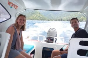 Cruising from Teluk Nare to Gili Air: Joep & Lara’s Private Speedboat Ride Straight to Blue Marlin Dive at Sunset Beach