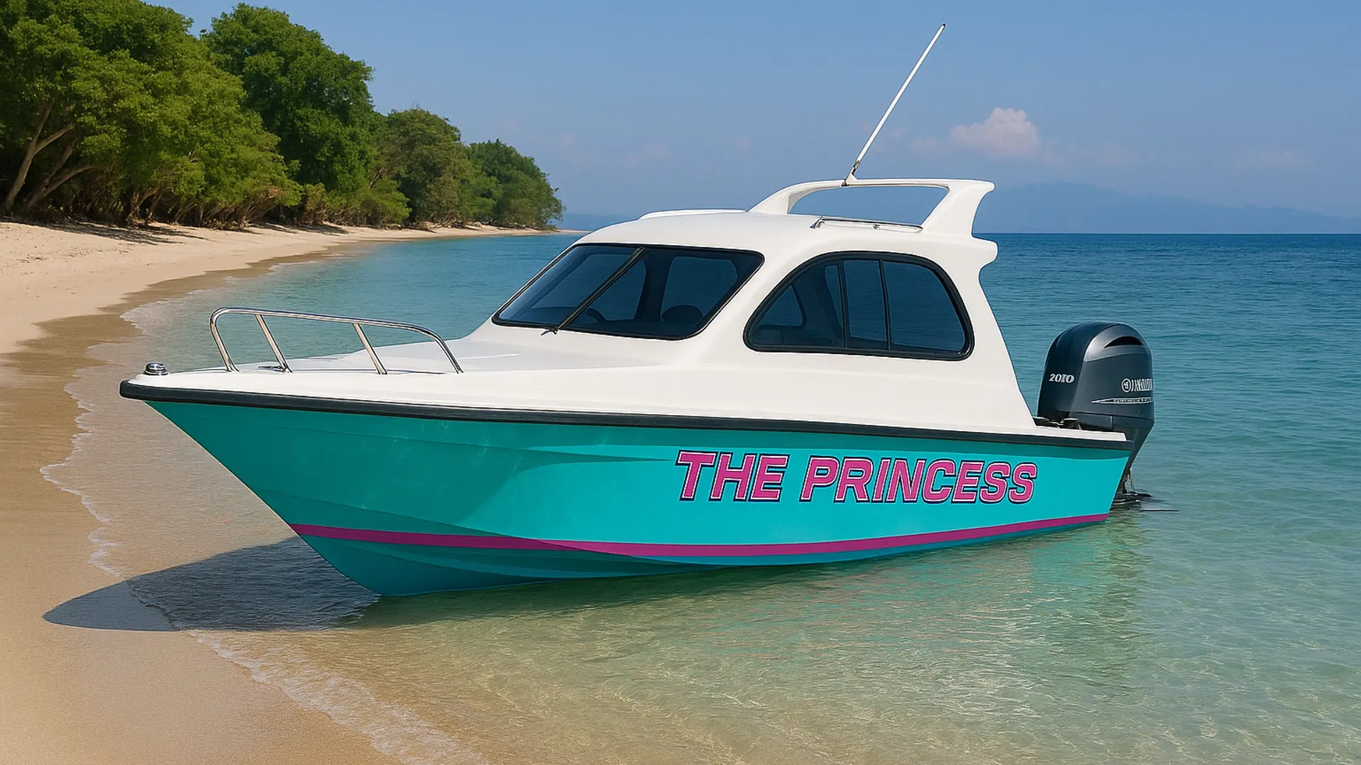 Speed boat "The Princess" docked on the shore of Gili Meno, with clear turquoise water and tropical trees in the background.