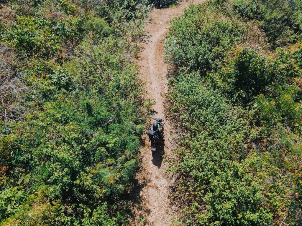 Aerial dirt bike trail through Gunung Tunak National Park Lombok