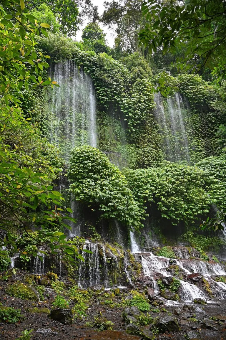 Mossy rock face and falling water at Benang Stokel Waterfall, Lombok
