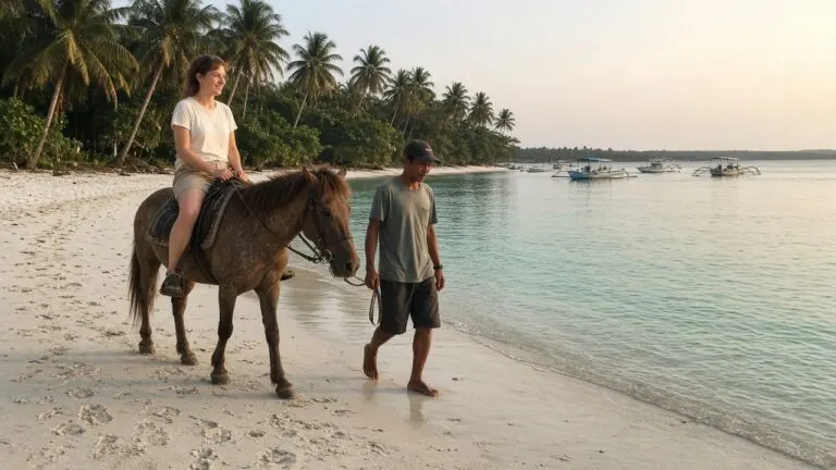Tourist riding a horse along the beach on Gili Meno with a local handler walking beside