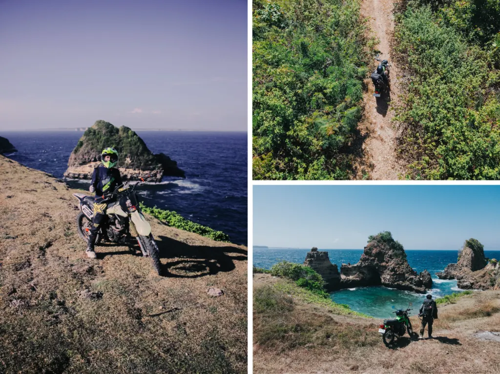 Gunung Tunak dirt bike tour collage showing riders on coastal and jungle trails in Lombok